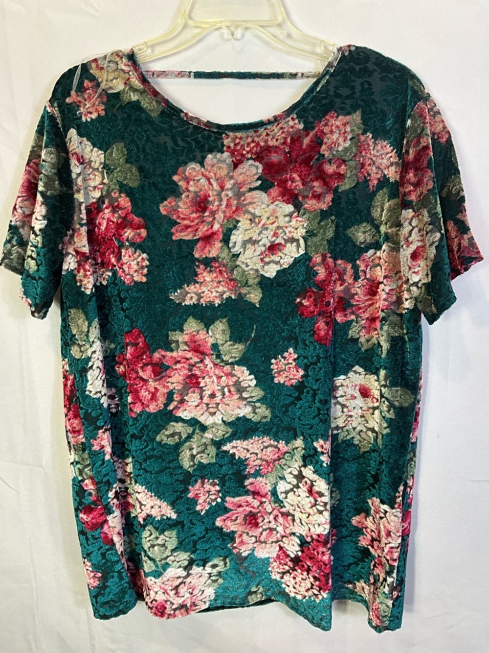 mts Floral Like Velvet Embossed Short Sleeve Pink and Green Blouse Size Medium